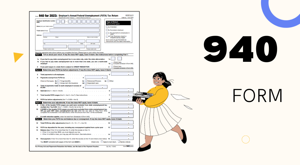 The blank 940 form for FUTA tax and the image of the woman